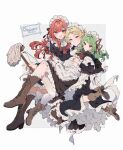  1boy 2girls :d anna_(ikeuchi_tanuma) apron black_dress boots brown_boots brown_hair character_request check_character closed_mouth crossdressing crossdressing_(mtf) dress frilled_apron frilled_dress frills girl_sandwich green_hair grey_background hair_ornament hairclip highres holding holding_mop ikeuchi_tanuma lace-up_boots leo_(ikeuchi_tanuma) maid maid_apron maid_headdress male_maid mop multiple_girls original parted_bangs purple_eyes red_eyes red_hair rosette_(ikeuchi_tanuma) sandwiched shoe_soles smile thighhighs thighhighs_under_boots twitter_username two-tone_background white_apron white_background white_thighhighs 