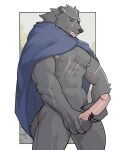  2022 anthro balls biped blaidd_(elden_ring) canid canine canis cape claws clothing digital_media_(artwork) elden_ring erection facial_scar fangs finger_claws fromsoftware fur genitals grey_body grey_fur hi_res humanoid_genitalia humanoid_penis jrjresq male mammal masturbation penile penile_masturbation penis scar simple_background solo video_games white_background wolf 
