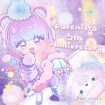  1girl :3 alien animal_helmet anniversary blue_hair commentary_request copyright_name fur_trim helmet highres logo looking_at_viewer official_art open_mouth purenista purple_eyes purple_hair purple_shoes shoes solo space_helmet spacesuit star_(symbol) star_in_eye symbol_in_eye typo 