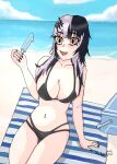  1girl absurdres bare_arms bare_legs beach beach_towel bikini black_bikini black_hair blue_sky blush breasts cleavage cooler food grey_hair highres holoadvent hololive hololive_english large_breasts long_hair looking_at_viewer multi-strapped_bikini_bottom multicolored_hair navel open_mouth popsicle self-upload sitting sky split-color_hair stomach summer swimsuit thighs towel virtual_youtuber water yellow_eyes zedvi 