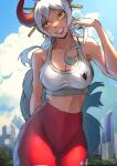  1girl adapted_costume alternate_costume blue_sky breasts city cityscape cloud exercise funi_xd hair_ornament hair_stick highres horns long_hair medium_breasts modern_architecture one_piece red_horns red_shorts shorts sky smile tank_top tied_hair tree white_tank_top yamato_(one_piece) 