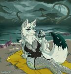 alternative_fashion anthro beach beach_towel black_lipstick canid canine canis capcom clothing eldritch_being electricity eyeshadow eyewear female fish goth ink lightning lipstick lovecraftian_(genre) makeup mammal marine okami_(capcom) pandazar sea solo storm sunglasses swimwear tentacles towel water wolf