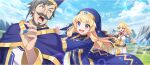  1boy 2girls :d armor beard black_hair blonde_hair blue_dress blue_eyes blue_hat blue_robe blue_sky blue_veil blunt_bangs boobplate braid cassock cecily_(konosuba) cloud cloudy_sky darkness_(konosuba) day dress facial_hair game_cg gold_trim green_eyes hair_ornament hair_tie hat high_ponytail highres kono_subarashii_sekai_ni_shukufuku_wo! konosuba!_fantastic_days long_dress long_hair long_sleeves looking_at_another low-tied_sidelocks mitre multiple_girls mustache neck_ribbon official_art open_mouth outdoors pauldrons ponytail ponytail_with_braided_base priest priestess pushing red_ribbon ribbon robe short_hair shoulder_armor sidelocks single_pauldron sky smile sparkle sunlight sweatdrop v-shaped_eyebrows veil x_hair_ornament zesta_(konosuba) 