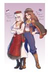  2girls absurdres albino anica_domazet apron bead_necklace beads belt black_socks blue_pantaloons blue_pants blue_vest blush bonnet boots breasts brown_hair capelet character_name check_clothing closed_mouth clothing_request commission commissioner_upload croatia croatian_clothes croatian_flag crossed_arms curly_hair dress embarrassed embroidery fingernails fluffkaiser full_body fur_trim gradient_background green_eyes grin hand_on_another&#039;s_hip hand_on_own_hip hat highres jacket jewelry knee_boots leather leather_belt leather_boots long_hair long_sleeves looking_down mole mole_under_eye multiple_girls neckerchief necklace non-web_source original pantaloons pants poet_sleeves pout puffy_sleeves red_apron red_eyes republika_srpska_krajina scar scar_across_eye scar_on_face serbia serbian_clothes serbian_flag shirt shoes skirt slavic_clothes smile socks spread_legs unworn_jacket vest white_dress white_hair white_shirt yellow_neckerchief yuri zarya_petrovic 
