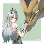  1girl absurdres bare_shoulders black_gloves black_tiara castorice_(honkai:_star_rail) castorice_(honkai:_star_rail)_(cosplay) commentary cosplay dress firefly_(honkai:_star_rail) gloves grey_hair highres honkai:_star_rail honkai_(series) long_hair looking_at_viewer purple_eyes rafxeed solo tiara upper_body very_long_hair wrist_cuffs 
