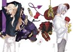  2boys antonio_salieri_(fate) antonio_salieri_(traveling_outfit)_(fate) artist_name black_jacket black_shirt blonde_hair blue_bow bow brown_shoes carnation character_name closed_eyes coat cowboy_shot drawstring dressing envelope fake_tail fate/grand_order fate_(series) flower glasses gloves grey_hair grey_pants hair_down hair_intakes half-closed_eyes handkerchief hands_in_own_hair highres jacket lapels long_hair long_sleeves male_focus medallion mimosa_(flower) multiple_boys notched_lapels open_mouth pants pinstripe_jacket pinstripe_pattern purple_coat purple_flower purple_sash red_flower red_gloves red_ribbon ribbon sash shirt shoes si0umi simple_background sleepy striped_clothes striped_jacket sweatpants tail twitter_username unworn_eyewear unworn_jacket unworn_shoes vertical-striped_clothes vertical-striped_jacket white_background white_pants white_shirt white_shoes wolfgang_amadeus_mozart_(fate) wolfgang_amadeus_mozart_(traveling_outfit)_(fate) yawning yellow_flower 