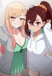  2girls absurdres ayase_momo barbell_piercing blonde_hair breasts brown_hair cleavage crossover dandadan dress earrings green_dress grey_jacket grin gyaru highres hood hoodie jacket jewelry kitagawa_marin medium_breasts multiple_girls nico-neko piercing ponytail red_eyes season_connection shorts sleepwear smile sono_bisque_doll_wa_koi_wo_suru trait_connection white_hoodie white_shorts 