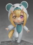  1girl blonde_hair blush borrowed_character brown_eyes chibi commission eyebrows fang full_body heterochromia looking_at_viewer medium_hair nendoroid open_mouth original outstretched_arms purple_eyes shiori2525 smile solo thick_eyebrows 