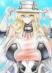  1girl bare_shoulders barghest_(fate) barghest_(fgo_fes._2025)_(fate) black_dress blonde_hair blush breasts brown_pantyhose chain chain_bracelet dress elbow_gloves fate/grand_order fate_(series) gloves green_eyes hat highres horns huge_breasts jewelry long_hair looking_at_viewer necklace pantyhose see-through_cleavage see-through_clothes sideboob smile solo souki3123 sun_hat two-tone_dress white_dress white_gloves white_hat 