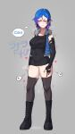  1girl artist_name black_boots black_gloves black_shirt black_thighhighs blue_eyes blue_hair blue_vest blush boots breasts closed_mouth commentary elbow_gloves english_commentary gloves grey_background heart highres knee_boots large_breasts no_panties original purple_hair pussy pussy_juice scrapy_(greenyscrapy) shirt simple_background solo speech_bubble spoken_heart thighhighs thought_bubble uncensored vest 