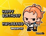  1boy arm_behind_head black_pants chibi chibi_only forehead full_body gloves gradient_background hair_bun happy_birthday hwoarang_(tekken) jitome korean_clothes kotorai male_focus open_mouth orange_background orange_hair outline pants single_hair_bun tekken tekken_8 white_outline yellow_gloves 