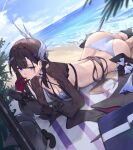  1girl absurdres adapted_costume alternate_costume ass asymmetrical_gloves beach_towel bikini black_bikini black_gloves black_hair black_shrug blue_eyes blue_sky breasts cleavage commentary_request day earrings gloves hair_ornament hand_up highres honkai:_star_rail honkai_(series) hysilens_(honkai:_star_rail) jewelry long_hair looking_at_viewer lying median_furrow medium_breasts mismatched_bikini mismatched_gloves ocean on_stomach outdoors parted_lips partial_commentary red_gloves sasa_(sasa_ekakiman) scales shore shrug_(clothing) sky solo swimsuit towel white_background 
