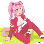  1girl animal_ears bow commentary ear_bow ear_covers flower_in_eye full_body gobanme_no_mayoi_neko gym_uniform hair_intakes hairband haru_urara_(umamusume) highres horse_ears horse_girl horse_tail jacket long_hair long_sleeves looking_at_viewer open_mouth pants pink_eyes pink_hair ponytail sitting smile solo symbol_in_eye tail track_jacket track_pants track_suit umamusume 