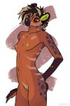  band-aid bandage blonde_hair breasts brown_body brown_fur female fur genitals green_ears green_nipples green_pussy hair humanoid hyaenid mammal markings nipples orange_body orange_fur pussy red_eyes simple_background small_breasts smile solo spots spotted_hyena spotted_markings tenur yellow_eyes zees1 