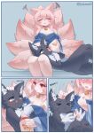  9_tails absurd_res anthro black_body black_eyes breasts canid canine canis domestic_dog duo female female/female fox hair hi_res humanoid lalamedli mammal milk multi_tail pink_body pink_hair pink_tail red_eyes shy tail 