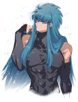  10261025 1boy abs alternate_costume androgynous aqua_hair aquarius_camus bare_shoulders black_bodystocking black_bodysuit black_bridal_gauntlets blue_eyes blue_hair bodystocking bodysuit bridal_gauntlets covered_nipples elbow_gloves expressionless girly_boy gloves hand_up highres long_eyelashes looking_to_the_side male_focus muscular muscular_male saint_seiya sleeveless sleeveless_bodysuit solo 