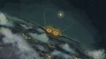  above_clouds absurdres ace_combat ace_combat_7 afterburner aircraft airplane canopy_(aircraft) city city_lights cityscape cloud commentary_request dutch_angle f-22_raptor farbanti fighter_jet from_behind half_moon highres military_vehicle moon night night_sky no_humans outdoors shinji_(shinjisq) sky star_(sky) vehicle_focus 
