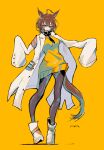  1girl absurdres agnes_tachyon_(umamusume) ahoge animal_ears artist_name black_necktie black_pantyhose black_shirt boots breasts brown_hair chemical_structure coat collared_shirt cork earrings hair_between_eyes high_heels highres horse_ears horse_girl horse_tail jewelry lab_coat long_sleeves medium_breasts medium_hair necktie open_mouth pantyhose red_eyes ringring_(artist) shirt short_necktie signature simple_background single_earring sleeves_past_fingers sleeves_past_wrists smile solo standing sweater tail test_tube umamusume white_background white_boots white_coat wolf_cut yellow_background yellow_sweater 