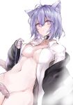  1girl ahoge animal_ear_fluff animal_ears atoshi bangs black_collar bottomless breasts cat_ears cat_tail collar crossed_bangs dutch_angle hair_between_eyes hololive jacket medium_breasts navel nekomata_okayu open_clothes open_jacket open_shirt purple_eyes purple_hair short_hair solo tail tail_censor virtual_youtuber white_background 
