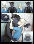  2025 anthro anthro_on_anthro athletic athletic_anthro athletic_male barely_visible_nipples big_ears black_clothing black_hair black_shirt black_tank_top black_topwear blue_clothing blue_shirt blue_topwear blush bottomwear canid canine canis clothed clothing clothing_lift cole_(granitemcgee) dialogue door door_handle doorknob duo english_text eye_contact eyes_closed eyewear fur glasses granitemcgee grey_body grey_fur hair hi_res inside jock kissing lagomorph leporid looking_at_another lucas_(granitemcgee) male male/male mammal multicolored_body multicolored_fur nerd nipples onomatopoeia pants rabbit romantic romantic_couple shirt shirt_lift smile sound_effects speech_bubble tail tank_top text topwear white_body white_fur wolf 