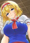  1girl alice_margatroid ascot blonde_hair blue_eyes breasts capelet hairband highres hinben looking_at_viewer red_ascot red_hairband short_hair smile solo touhou white_capelet 