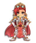  1girl armor armored_boots asymmetrical_bangs belt boots breastplate brown_belt cape chainmail chibi chibi_only closed_mouth commentary_request cross_of_prontera full_body gauntlets goggles goggles_on_head grey_eyes hands_on_own_hips highres leaf_in_mouth leg_armor looking_at_viewer ragnarok_online red_cape red_hair red_tabard rune_knight_(ragnarok_online) short_hair simple_background smile solo spiked_pauldrons tabard tomiya_airu torn_cape torn_clothes white_background 