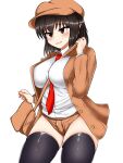  1girl adapted_costume alternate_costume bag black_hair black_legwear breasts brown_bag brown_eyes brown_headwear brown_jacket brown_shorts cabbie_hat collared_shirt commentary_request curvy flat_cap hat highres isshin_(sasayamakids) jacket large_breasts long_sleeves messenger_bag necktie open_mouth pointy_ears red_necktie shameimaru_aya shameimaru_aya_(newsboy) shirt short_shorts shorts shoulder_bag simple_background skindentation suit_jacket textless thighhighs thighs touhou white_background white_shirt 