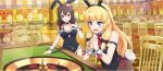  2girls animal_ear_hairband animal_ears arm_garter arm_strap bare_shoulders black_bow black_leotard blonde_hair blue_eyes blunt_bangs bow braid breasts brown_hair casino cecily_(konosuba) chair cleavage clothing_cutout collar collarbone crown_braid detached_collar fake_animal_ears fake_tail fishnet_pantyhose fishnets frilled_leotard frills game_cg hair_bow hairband hand_on_own_chest highres indoors interlocked_fingers kono_subarashii_sekai_ni_shukufuku_wo! konosuba!_fantastic_days large_breasts leotard long_hair low-tied_sidelocks low_twintails matching_outfits multiple_girls neckerchief official_alternate_costume official_art own_hands_clasped own_hands_together pantyhose playboy_bunny rabbit_ear_hairband rabbit_ears rabbit_tail red_bow red_eyes red_neckerchief roulette roulette_table sidelocks sparkle standing strapless strapless_leotard table tail twintails underboob_cutout white_collar white_wrist_cuffs wrist_cuffs yunyun_(konosuba) 