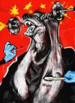  absurd_res anthro bird_dog canid canine canis clothing cocker_spaniel digital_media_(artwork) domestic_dog electricity fur glowing glowing_eyes gore hair hi_res hunting_dog lightning lightning_bolt long_ears male mammal monster open_mouth screw simple_background solo spaniel stitch_(sewing) teeth tongue tongue_out yo_zee 