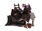 absurd_res ambiguous_anthro ambiguous_gender anthro armor bottomwear cable clothed clothing dragon edvardiko female_(lore) green_clothing green_topwear hi_res kneeling mask membrane_(anatomy) membranous_wings mouth_closed mythological_creature mythological_scalie mythology purple_body purple_wings red_bottomwear red_clothing scalie simple_background solo topwear wearing_mask white_background wings