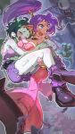  2girls big_hair blue_eyes blush boots breasts carrying circlet cleavage closed_eyes colored_skin dark-skinned_female dark_skin earrings english_commentary forehead_jewel gloves green_hair green_skin hairband harem_pants highres holding hoop_earrings jewelry long_hair medium_breasts momochi_momotan multiple_girls o-ring open_mouth pants pointy_ears ponytail princess_carry purple_hair rottytops shantae shantae_(series) shantae_and_the_pirate&#039;s_curse shoes short_hair short_shorts shorts smile stitches teeth tongue torn_clothes torn_pants yellow_hairband yuri zombie 