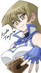  1girl black_shirt blonde_hair blue_gloves blue_trim breasts card character_name commentary_request fingerless_gloves gloves highres holding holding_card kulumi_e large_breasts long_hair looking_at_viewer looking_down looking_to_the_side shirt shirt_under_shirt smile solo tenjouin_asuka upper_body white_background white_shirt yellow_eyes yu-gi-oh! yu-gi-oh!_gx 