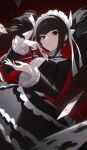  1girl absurdres black_hair black_jacket black_nails black_skirt breasts card celestia_ludenberg claw_ring closed_mouth commentary_request cowboy_shot danganronpa:_trigger_happy_havoc danganronpa_(series) drill_hair earrings fingernails gothic_lolita gradient_background hands_up highres holding holding_card jacket jewelry layered_skirt lolita_fashion long_fingernails long_hair long_sleeves looking_at_viewer medium_breasts nail_polish necktie playing_card red_eyes red_necktie shali simple_background skirt solo twin_drills twintails two_of_diamonds very_long_hair 