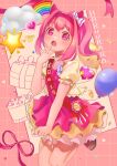  1girl alternate_costume animal_ears arrow_(symbol) balloon bead_necklace beads blush box breasts brown_hair brown_shoes cake character_name cleavage commentary_request confetti dated dress ear_covers flat_chest food gasp gift gift_box grid_background hair_intakes hairband hand_up happy_birthday haru_urara_(umamusume) heart highres horse_ears horse_girl jewelry layered_dress looking_at_viewer moko39_takasora necklace open_mouth pink_eyes pink_hair pink_ribbon ponytail ribbon sash shoes short_hair short_sleeves shoulder_sash smile solo sparkle timestamp umamusume 