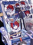  2boys absurdres ahoge anger_vein aotsuki_eito black_bag black_cape black_gloves black_streaks blood blood_on_face blue_eyes blue_jacket cage cape character_name chinese_commentary coin crossed_out drawstring english_text eyeball gakuran glasses gloves grey_hair grey_jacket headgear heart_(organ) highres holding holding_sword holding_weapon hood hoodie implied_yaoi in_cage jacket jacket_over_hoodie last_defense_academy_school_uniform looking_at_viewer luxembourgish_text male_focus mizongwenwu multicolored_hair multicolored_jacket multiple_boys pouch purple_eyes red_hair school_uniform scrapbook short_hair smile spoilers streaked_hair sumino_takumi sweatdrop sword the_hundred_line_-last_defense_academy- tomato_print torn_photo two-tone_jacket weapon white_gloves white_jacket wide-eyed 
