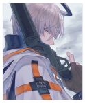  1boy arknights artist_name bishounen cloud cloudy_sky elmar executor_(arknights) fingerless_gloves from_side gloves gun halo looking_at_viewer male_focus mechanical_halo short_hair silver_hair sky solo weapon 