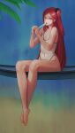  1girl barefoot flat_chest food last_origin long_hair looking_at_viewer night_angel_(last_origin) nyanom one-piece_swimsuit one_side_up open_mouth popsicle red_eyes red_hair sitting solo swimsuit white_swimsuit 