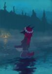  absurd_res anthro arcticos bonfire bottomwear bovid breasts caprine clothing ears_down female fog forest goat hair hi_res horn long_hair mammal nipples pink_hair pivoted_ears plant river shorts small_tail solo tail tree wet wreath 