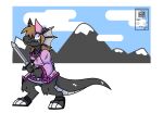  ambiguous_gender anthro black_body black_skin brown clawed_toes clothing day digital_drawing_(artwork) digital_media_(artwork) digitigrade dragon fin footwear hair hi_res holding_object holding_sword holding_weapon i8ora long_tail looking_offscreen melee_bishop melee_weapon mountain_range pendant pupils purple_clothing sandals scalie shocked_expression signature simple_background small_pupils solo spots sword thick_tail weapon 