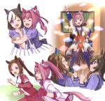  5girls :d ^_^ animal_ears arm_up blue_choker blue_thighhighs bow buruma choker closed_eyes collarbone commentary_request ear_bow flat_screen_tv flower-shaped_pupils garter_straps gloves gym_shirt gym_uniform hand_on_own_hip haru_urara_(umamusume) highres holding holding_instrument holding_microphone horse_ears horse_girl horse_tail instrument jacket king_halo_(umamusume) long_hair long_sleeves microphone moko39_takasora multiple_girls open_clothes open_jacket pants pink_hair pleated_skirt ponytail puffy_long_sleeves puffy_short_sleeves puffy_sleeves purple_eyes purple_shirt red_buruma red_gloves red_jacket red_pants red_shorts rice_shower_(umamusume) sakura_bakushin_o_(umamusume) school_uniform shirt short_sleeves shorts skirt smile special_week_(umamusume) starting_future_(umamusume) symbol-shaped_pupils tail tambourine television thighhighs tracen_school_uniform track_jacket track_pants track_suit umamusume v-shaped_eyebrows white_bow white_jacket white_shirt white_skirt 