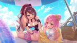  2girls :d applying_sunscreen arm_strap armpit_crease artist_request assault_lily ball bare_legs bare_shoulders barefoot basket beach beach_towel beach_umbrella beachball bikini bikini_skirt black_one-piece_swimsuit blue_eyes blue_sky blurry blurry_foreground blush bow breasts brown_eyes brown_hair chair cleavage cloud collarbone commentary_request copyright_notice cross-laced_bikini cross-laced_clothes cross-laced_one-piece_swimsuit day drooling feet_up flower frilled_bikini frills hair_between_eyes hair_bow hair_bun hair_flower hair_ornament halterneck hand_on_another&#039;s_back head_rest high_ponytail highres hitotsuyanagi_riri holding holding_ball holding_beachball horizon innertube jacket jewelry kaede_johan_nouvel long_hair long_sleeves looking_at_another looking_back lotion lounge_chair lying medium_breasts mouth_drool multiple_girls ocean off_shoulder official_alternate_costume official_alternate_hairstyle official_art on_ground on_stomach one-piece_swimsuit open_clothes open_jacket open_mouth orange_flower orange_rose outdoors pink_bikini pink_hair polka_dot polka_dot_bikini ponytail red_bow red_one-piece_swimsuit ring rose see-through_clothes see-through_one-piece_swimsuit shade short_hair sidelocks single_hair_bun sitting sky sleeves_past_wrists smile sparkle sunlight sunscreen swim_ring swimsuit swimsuit_cover-up tassel towel two-tone_one-piece_swimsuit umbrella wavy_hair wristband yellow_jacket yuri 