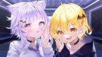  2girls :d absurdres ahoge animal_ear_fluff animal_ears bangs bat_hair_ornament black_choker blonde_hair blurry blurry_background blush cat_ears choker collared_shirt commentary_request eyebrows_visible_through_hair fang food-themed_hair_ornament hair_between_eyes hair_ornament highres hololive indoors long_sleeves looking_at_viewer multiple_girls necktie nekomata_okayu onigiri_hair_ornament purple_eyes purple_hair purple_necktie rin31153336 shirt short_hair skin_fang sleeves_past_wrists smile virtual_youtuber white_shirt yellow_eyes yozora_mel 