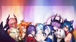  6+girls absurdres ahoge akuma_nihmune animal_ears bao_(vtuber) blonde_hair blue_eyes blue_hair breasts buffpup_(vtuber) closed_eyes collar cottontail_(vtuber) english_commentary hair_between_eyes highres horns hug indie_virtual_youtuber kimarislibran large_breasts multiple_girls multiple_horns nano_(nanoless) one_eye_closed orange_hair pink_hair purple_hair red_eyes sanagi_yuzu shylily smile spiked_collar spikes teeth trickywi vienna_(vtuber) virtual_youtuber white_hair wolf_ears wolf_girl 