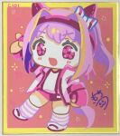  :d animal_ears arm_up bow buruma chibi commentary_request ear_bow fingerless_gloves flower-shaped_pupils full_body gloves gym_shirt gym_uniform hair_intakes hairband haru_urara_(umamusume) highres horse_ears horse_girl horse_tail index_finger_raised jacket looking_at_viewer moko39_takasora open_clothes open_jacket photo_(medium) ponytail purple_buruma purple_eyes purple_gloves purple_hair purple_hairband shikishi shirt shoes signature smile socks standing standing_on_one_leg striped_clothes striped_socks symbol-shaped_pupils tail traditional_media umamusume v-shaped_eyebrows white_bow white_jacket white_shirt white_shoes 