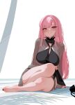  1girl bare_legs barefoot bikini black_bikini black_nails blush breasts feet highres hololive hololive_english holonatsu_paradise legs long_hair looking_at_viewer mori_calliope mori_calliope_(holonatsu_paradise) nail_polish official_alternate_costume pink_hair sansha_art sarong see-through_clothes see-through_sarong simple_background smile solo swimsuit toenail_polish toenails toes virtual_youtuber white_background 