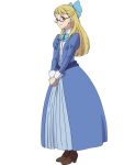  1girl anime_coloring blonde_hair blue_dress blue_eyes boots boukensha_ni_naritai_to_miyako_ni_deteitta_musume_ga_s_rank_ni_natteta bow breasts brown_boots commentary_request dress full_body glasses hair_bow hair_ribbon long_hair long_sleeves looking_at_viewer puffy_long_sleeves puffy_sleeves ribbon selene_bordeaux shibata_jun simple_background smile solo standing transparent_background 