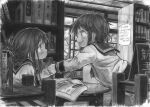  2girls blush book bookshelf folded_ponytail graphite_(medium) greyscale hair_ornament hairclip highres ikazuchi_(kancolle) inazuma_(kancolle) indoors irogawara_naomitu kantai_collection leaning_forward library long_sleeves looking_at_another monochrome multiple_girls neckerchief open_mouth profile sailor_collar shirt smile table traditional_media 