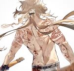  1boy arm_tattoo back back_tattoo bare_back belt black_belt black_bow blonde_hair blood blood_splatter bow chrysanthemum commentary_request cowboy_shot facing_away flower from_behind hair_bow highres holding holding_sword holding_weapon ichimonji_norimune long_hair low_ponytail male_focus pants ponytail simple_background solo sword tandem tattoo toned toned_male topless_male touken_ranbu weapon white_background white_pants 