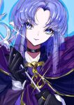  1girl blue_eyes blue_hair braid breasts dress fate/stay_night fate_(series) glint gloves hecate&#039;s_staff_(fate) holding holding_staff jewelry long_hair long_sleeves looking_at_viewer medea_(caster)_(fate) medea_(fate) pointy_ears portrait rasupekuto side_braid smile solo staff 
