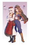  2girls absurdres albino anica_domazet apron bead_necklace beads belt black_socks blue_pantaloons blue_pants blue_vest blush bonnet boots breasts brown_hair capelet check_clothing closed_mouth clothing_request commission commissioner_upload croatia croatian_clothes croatian_flag crossed_arms curly_hair dress embarrassed embroidery fingernails fluffkaiser full_body fur_trim gradient_background green_eyes grin hand_on_another&#039;s_hip hand_on_own_hip hat highres jacket jewelry knee_boots leather leather_belt leather_boots long_hair long_sleeves looking_down mole mole_under_eye multiple_girls neckerchief necklace non-web_source original pantaloons pants poet_sleeves pout puffy_sleeves red_apron red_eyes republika_srpska_krajina scar scar_across_eye scar_on_face serbia serbian_clothes serbian_flag shirt shoes skirt slavic_clothes smile socks spread_legs unworn_jacket vest white_dress white_hair white_shirt yellow_neckerchief yuri zarya_petrovic 